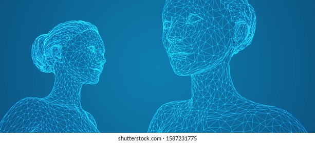 3d vector portrait of a beautiful young girl with hairstyle, set of angles on a blue background