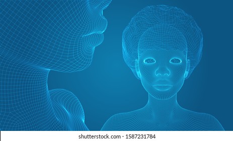 3d vector portrait of a beautiful young girl with hairstyle, set of angles on a blue background