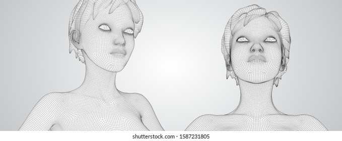 3d vector portrait of a beautiful young girl with hairstyle, set of angles on a white background