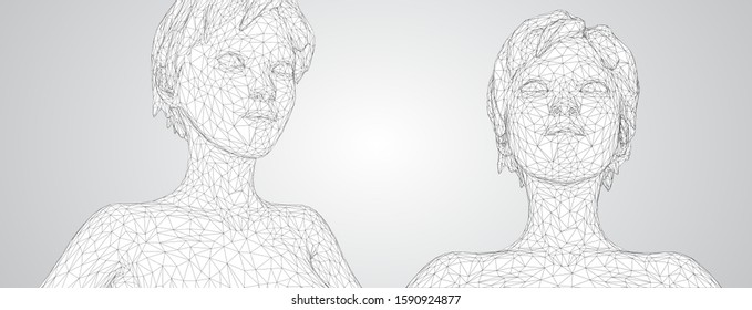 3d vector portrait of a beautiful young girl with hairstyle, set of angles on a white background
