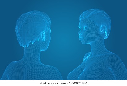 3d vector portrait of a beautiful young girl with hairstyle, set of angles on a blue background