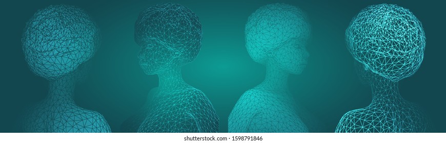 3d vector portrait of a beautiful young girl with hairstyle, set of angles on a green background