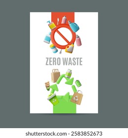 3D vector poster with green arrows, recycling sign and red sign, no plastic. International zero waste day. Ecology and environmental conservation concept. Recycle and reuse. Illustration. Text.