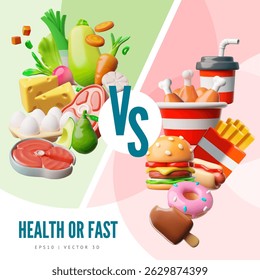 Cartaz vetorial 3D, comida saudável vs. fast food. Dieta equilibrada e estilo de vida. Carne, peixe, legumes ou hambúrguer, batatas fritas, frango frito. Folheto educativo, publicitário. Ilustração.