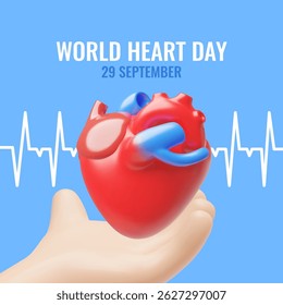 3D vector poster with heart on palm and heartbeat line. World Heart Day. September 29. Care, diagnosis, research and treatment. Medicine. Cartoon style. Illustration with space for text.