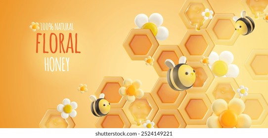 3d vector poster with the image of flower honey, bees and honeycombs. The set includes a beehive, flowers and beeswax. The banner is perfect for healthy eating.