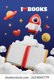 3D vector poster of an open book with blank pages in the clouds against a cosmic sky background with planets, a rocket and stars. World Book Day. Cartoon style. Rendering.