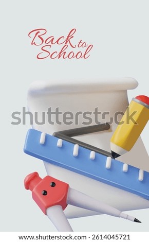 3D vector poster with school supplies, piece of paper, pencil, ruler and compass. Education concept, back to school. Cartoon style. Close up. Illustration. Rendering. Space for text.