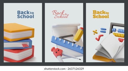 3D vector poster set with books, notebook and school supplies, back to school. Ruler, compass, pencil, abacus. Education and learning theme. Cartoon style. Isolated background. Close-up illustration.