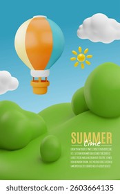 3d vector poster of a summer hot air balloon trip over grass and trees. Summer vacation and travel concept. Advertising poster with space for text. Cartoon style.