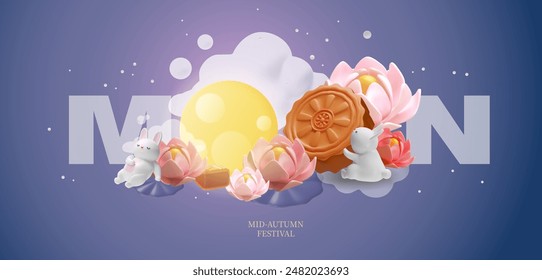 3D vector poster of white rabbits with moon cake and lotus flowers for the mid-autumn festival. The full moon and clouds give the holiday a special charm.