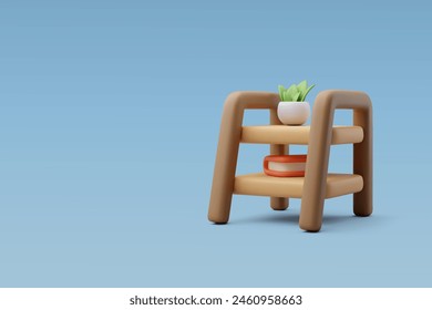 3d Vector Potted green plant in white flowerpot, Book, Wooden shelves, Home furniture concept. Eps 10 Vector.