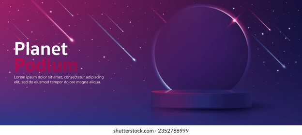 Banner de podio del cilindro de la pantalla del producto del vector 3D. Escena espacial con fondo de planeta, cometa, estrella y galaxia. Muestra en blanco, modelo de maqueta o presentación cosmética con fase redonda vacía