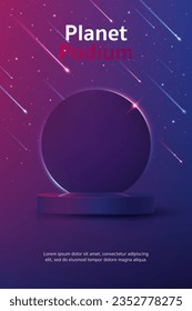 3D Vector Produktdisplay-Zylinder Ständer-Podium-Banner. Weltraumszene mit Planet, Komet, Stern und Galaxie-Hintergrund. Leere Showcase, Modell-Vorlage oder kosmetische Präsentation mit leerem Rundgang