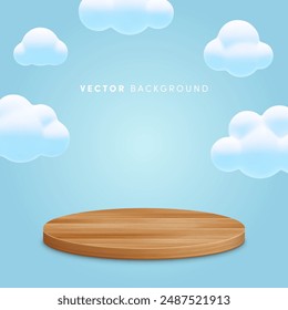 3d vector product podium background. 3d render scene template with round wooden stage and minimal cartoon clouds on soft blue background. Empty pedestal for product presentation.