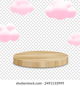 3d vector product podium background. 3d render scene template with round wooden stage and soft pink cartoon clouds on transparent background. Empty pedestal for product presentation.