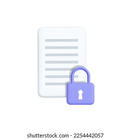 3d vector protected document paper sheet design. Cartoon render Confidential, important, top rated security file symbol, information security contract terms and conditions Ui element.