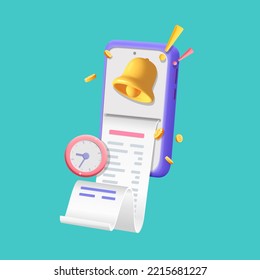 3d vector  push notice reminder on mobile app on smartphone for online invoice bill payment illustration design. Cash receipt from screen phone device with alarm clock bell notification, coins.