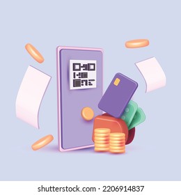 3d vector QR code scanning phone atm card  transfer financial, wallet transaction pay sale money purple color background coin minimal 