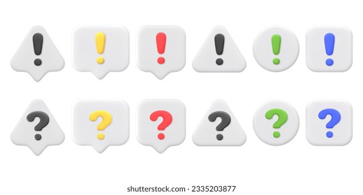 3D vector question and exclamation marks on different shapes and bubbles. FAQ icons in different colors. Customer support. Question answer sign. Cartoon 3d concept. Vector illustration