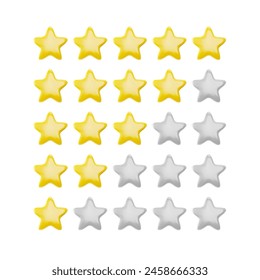 3d Vector rating interface with a row of yellow stars. Top-class service and quality mark, perfect for feedback forms and survey pages on a white background.