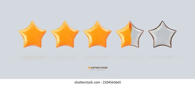 3d vector rating stars, isolated design elements. Vote quality ranking yellow and glass star on light background
