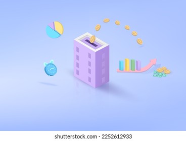 3D vector real estate buying. with the icon for business house financing. alert 3d money saving to loan house. Residential building in the form of a piggy bank with coins. 3d render illustratation