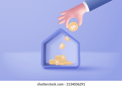 3D vector real estate and coin hand holding on background. 3d money saving to loan house, property concept of financial, money saving investment. 3d stack of coins and a tiny house bank on background
