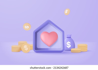 3D vector real estate and coin stack on pastel background. money saving to loan house, property concept of financial, money investment. Stack of coins and a tiny house bank on purple background