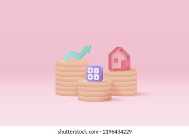 3D vector real estate and coin stack on pink background. money saving to loan house, property concept of financial, money investment. 3d house vector icon render illustration