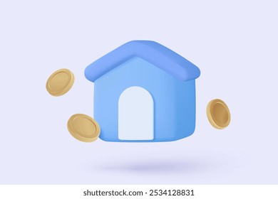 Vetor 3D imobiliário e pilha de moedas em segundo plano. economia de dinheiro para casa de empréstimo, conceito de propriedade de financeiro, investimento de dinheiro. ilustração de renderização de ícone de vetor da casa 3d