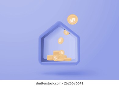 3D Vector inmobiliario y moneda mano sosteniendo sobre fondo pastel. ahorro de dinero a préstamo casa, concepto de propiedad de inversión financiera, dinero. Pila de monedas y un pequeño banco de la casa sobre fondo azul