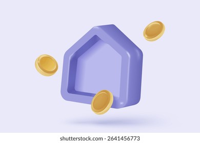 3D vector real estate and coin stack on background. money saving to loan house, property concept of financial, money investment. 3d house vector icon render illustration