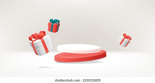 3d vector Realist plastic render sale template banner flying red white shiny platform podium and  gift boxes design illustration. Advertisement and promo decoration element.