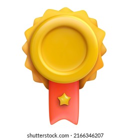 3d vector realistic badge with ribbon in minimal cartoon glossy style isolated on white background. Symbol template premium quality, winner, rating, quarantine. Winner round award medal. Art element.