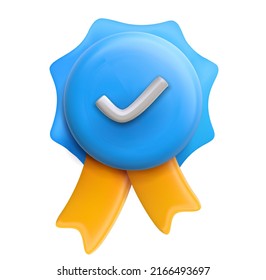 3d vector realistic badge with ribbon in minimal cartoon glossy style isolated on white background. Symbol template premium quality, winner, rating, quarantine. Winner round award medal. Art element.