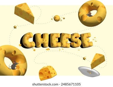 3D vector realistic cartoon cheese letter, star wars planet, cute cheese block donut icon.