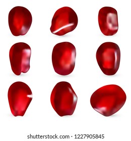 3D Vector realistic collection pomegranate seeds close-up isolated on white background, set ruby red pomegranate seed.