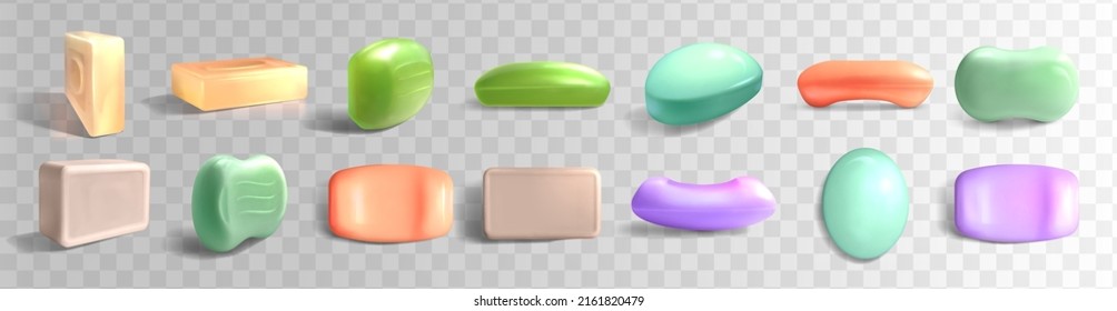 3d vector realistic colorful solid soap bars. Cosmetic product for hygienic cleanser skincare and washing hands mock up top and side view isolated on transparent background. Hygiene toiletries ad.