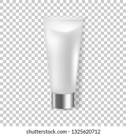 3d vector realistic cream tube with silver lid on transparent background. Cosmetic packaging for design. Template for advertising and presentation. EPS 10. 