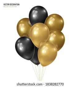 3d vector realistic golden with black bunch of helium balloons isolated on white background. Decoration element design for birthday, wedding, parties, celebrate festive. 
Vector illustration template