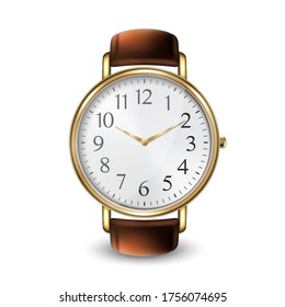 Icono de reloj de pulsera del Vector 3d Realista Golden Classic Vintage Unisex Aislado en fondo blanco. Plantilla de diseño de reloj de pulsera con pulsera de cuero. Vista superior