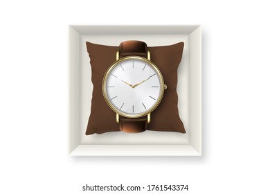 3d Vector Realistic Golden Classic Vintage Unisex Wrist Watch with Roman Numerals in Paper Box Icon Closeup Isolated on White Background. Design Template of Wristwatch with Leather Bracelet. Top View