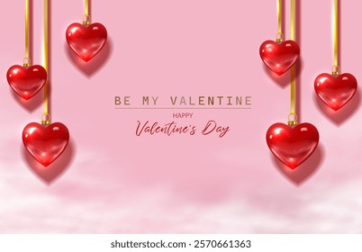 3d Vector realistic horizontal banner. Happy Valentines background on pink romantic wall with red hanging hearts and clouds.