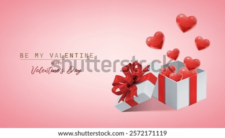 3d Vector realistic horizontal banner. Happy Valenties background with red gift box and hearts.