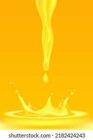 3D vector realistic illustration set, liquid splash and pour, realistic natural dairy products, orange, mango juice, oil splatter drops, isolated on yellow background. Print, template, design element