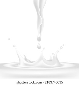3D vector realistic illustration set, milk splash and pour, realistic natural dairy products, yogurt or cream splatter drops, isolated on white background. Print, template, design element