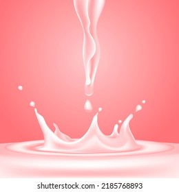 3D vector realistic illustration set, strawberry milk splash and pour, realistic natural dairy products, yogurt or cream splatter drops, isolated on pink background. Print, template, design element