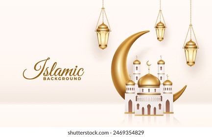 3D vector realistic islamic background with mosque, crescent moon and lanterns. Muslim symbols of arab islamic holidays.