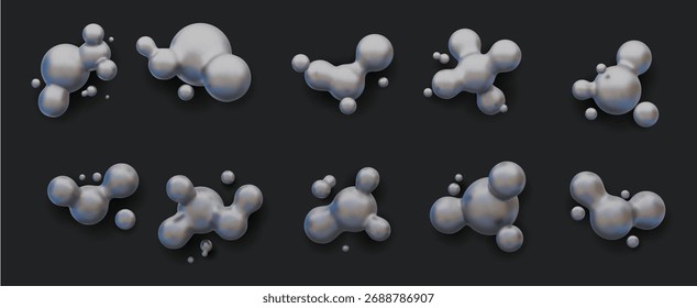 Bolhas de líquido realista vetorial 3d definidas em cores metálicas prateadas. Esferas flutuantes abstratas coloridas com efeito holográfico cromado. Bolhas líquidas, metabólitos 3D fluidos. Bolhas de morfo no fundo escuro.